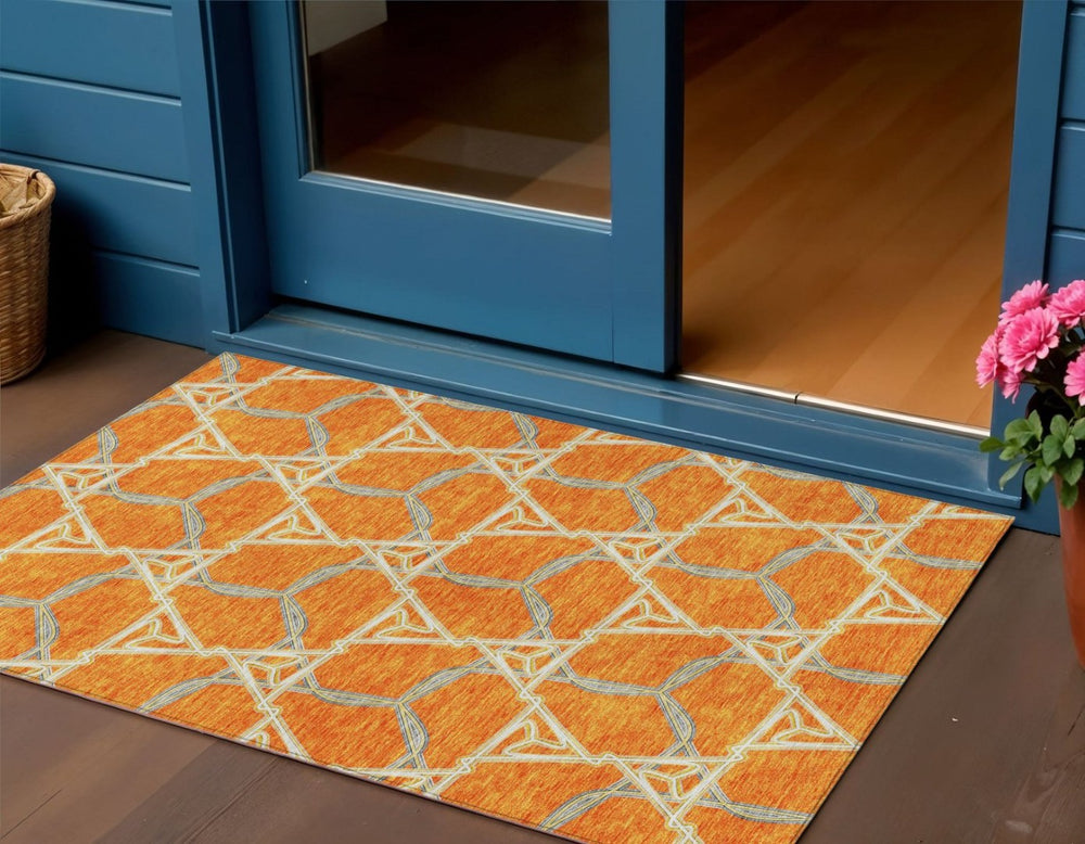 HomeRoots 5' Vibrant Orange and Blue Geometric Washable Area Rug for Indoor and Outdoor High-Traffic Spaces 5' X 8' 613513
