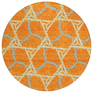 HomeRoots 5' Vibrant Orange and Blue Geometric Washable Area Rug for Indoor and Outdoor High-Traffic Spaces 8' Round 613514