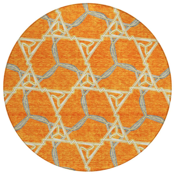 HomeRoots 5' Vibrant Orange and Blue Geometric Washable Area Rug for Indoor and Outdoor High-Traffic Spaces 8' Round 613514