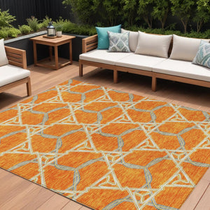 HomeRoots 5' Vibrant Orange and Blue Geometric Washable Area Rug for Indoor and Outdoor High-Traffic Spaces 10' X 14' 613517