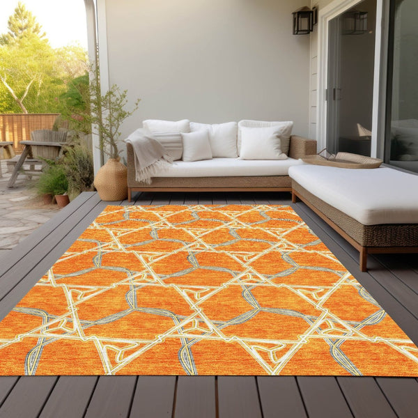 HomeRoots 5' Vibrant Orange and Blue Geometric Washable Area Rug for Indoor and Outdoor High-Traffic Spaces 10' X 14' 613517