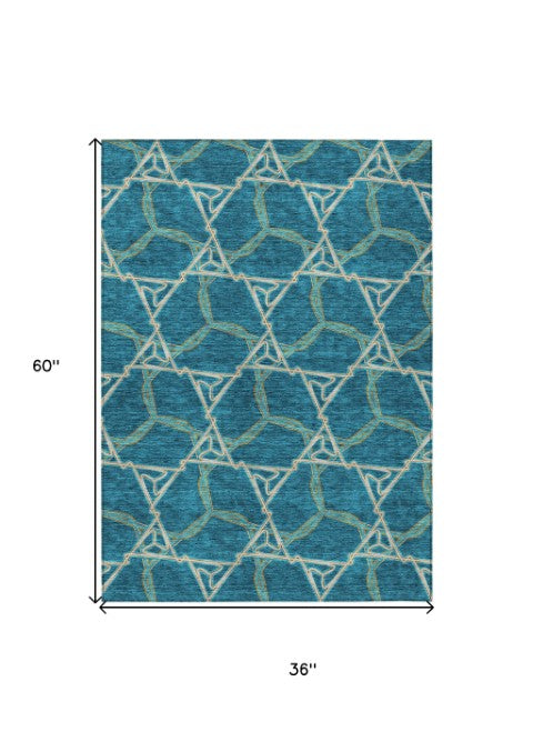 Homeroots 3' Geometric Washable Indoor Outdoor Area Rug - Stylish, Durable Design For Home & Patio Spaces Teal Blue Polyester 613524