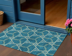 Homeroots 3' Geometric Washable Indoor Outdoor Area Rug - Stylish, Durable Design For Home & Patio Spaces Teal Blue Polyester 613524