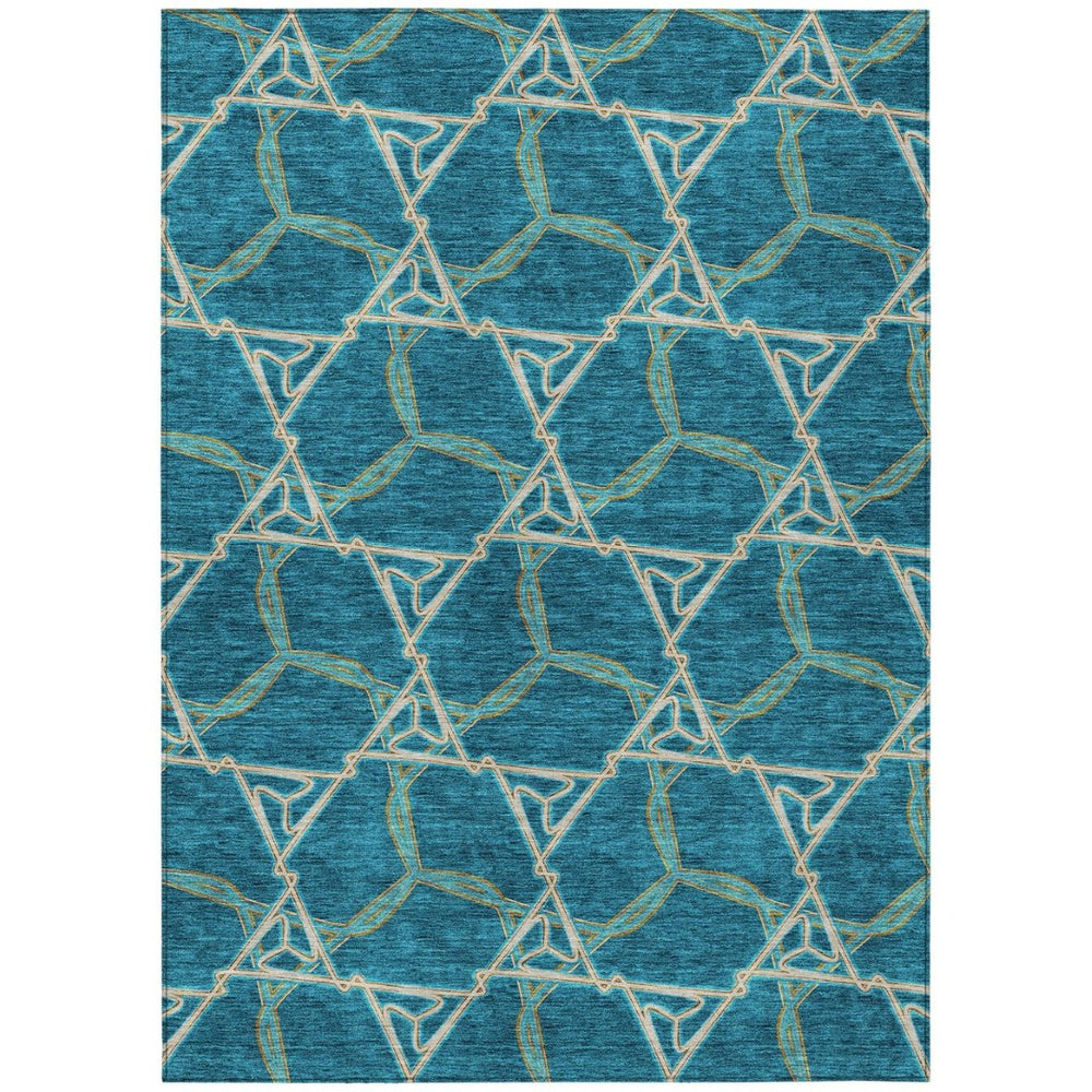 HomeRoots 5' Teal Blue and Beige Geometric Area Rug - Stylish, Washable, Indoor/Outdoor, Durable Design for All Spaces 5' X 8' 613525