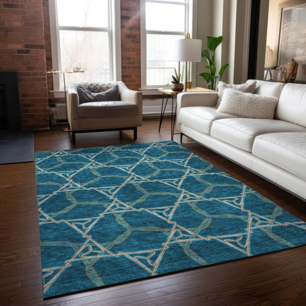 Homeroots 3' Geometric Washable Indoor Outdoor Area Rug - Stylish, Durable Design For Home & Patio Spaces Teal Blue Polyester 613525