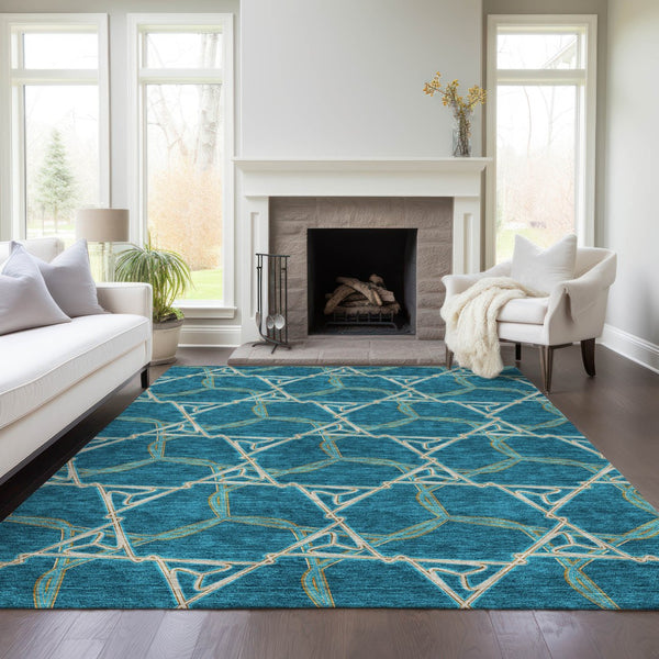 Homeroots 3' Geometric Washable Indoor Outdoor Area Rug - Stylish, Durable Design For Home & Patio Spaces Teal Blue Polyester 613525