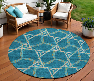 Homeroots 3' Geometric Washable Indoor Outdoor Area Rug - Stylish, Durable Design For Home & Patio Spaces Teal Blue Polyester 613526