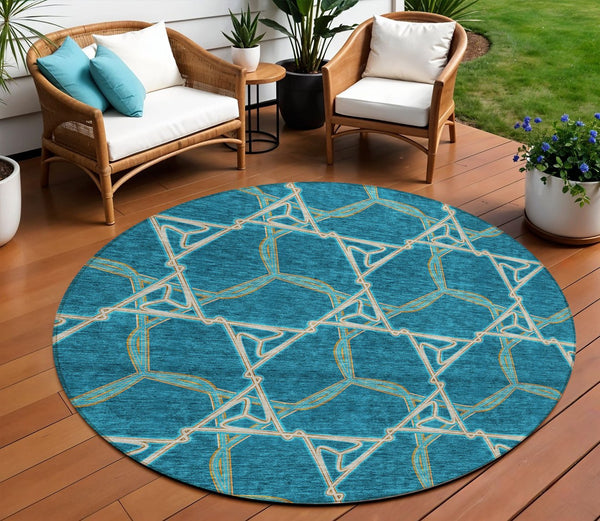 Homeroots 3' Geometric Washable Indoor Outdoor Area Rug - Stylish, Durable Design For Home & Patio Spaces Teal Blue Polyester 613526