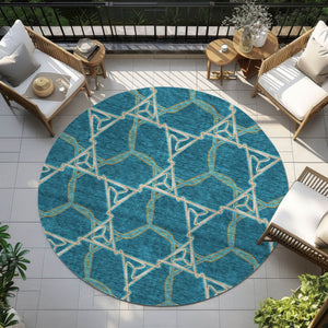 Homeroots 3' Geometric Washable Indoor Outdoor Area Rug - Stylish, Durable Design For Home & Patio Spaces Teal Blue Polyester 613526