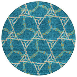 HomeRoots 5' Teal Blue and Beige Geometric Area Rug - Stylish, Washable, Indoor/Outdoor, Durable Design for All Spaces 8' Round 613526