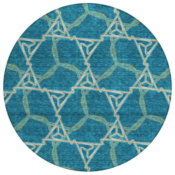 HomeRoots 5' Teal Blue and Beige Geometric Area Rug - Stylish, Washable, Indoor/Outdoor, Durable Design for All Spaces 8' Round 613526
