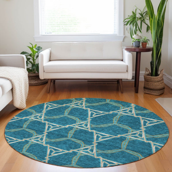 Homeroots 3' Geometric Washable Indoor Outdoor Area Rug - Stylish, Durable Design For Home & Patio Spaces Teal Blue Polyester 613526