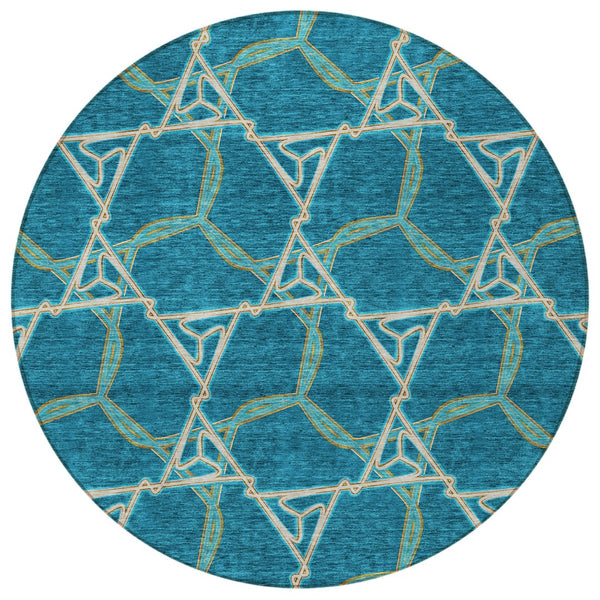 Homeroots 3' Geometric Washable Indoor Outdoor Area Rug - Stylish, Durable Design For Home & Patio Spaces Teal Blue Polyester 613526