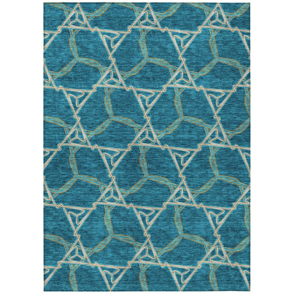 HomeRoots 5' Teal Blue and Beige Geometric Area Rug - Stylish, Washable, Indoor/Outdoor, Durable Design for All Spaces 8' X 10' 613527