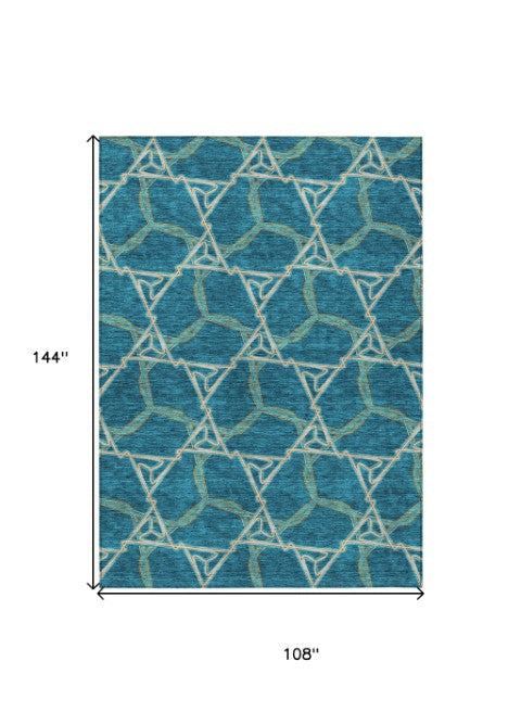 Homeroots 3' Geometric Washable Indoor Outdoor Area Rug - Stylish, Durable Design For Home & Patio Spaces Teal Blue Polyester 613528