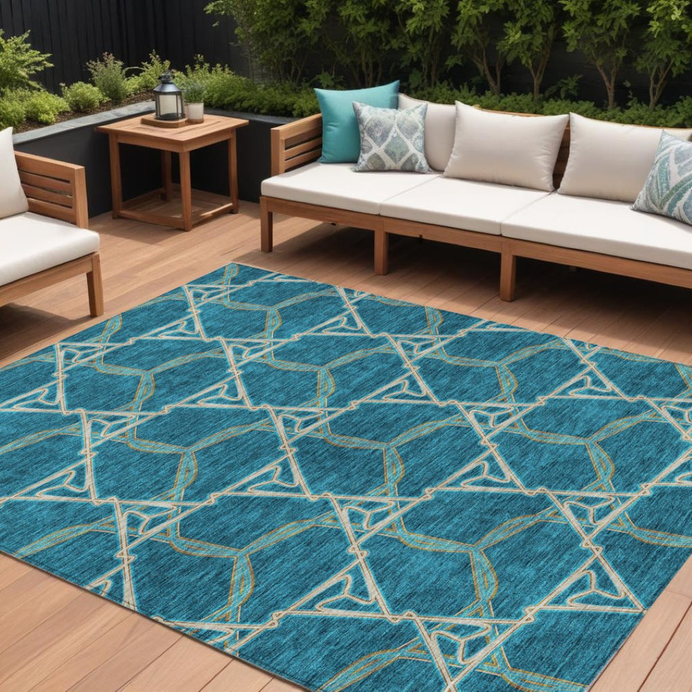 HomeRoots 9' X 12' Teal Blue and Beige Geometric Area Rug - Durable, Washable, Perfect for Indoor & Outdoor Use 613528