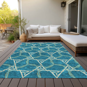 Homeroots 3' Geometric Washable Indoor Outdoor Area Rug - Stylish, Durable Design For Home & Patio Spaces Teal Blue Polyester 613528