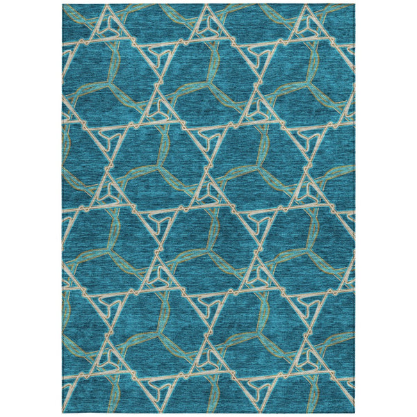 Homeroots 3' Geometric Washable Indoor Outdoor Area Rug - Stylish, Durable Design For Home & Patio Spaces Teal Blue Polyester 613529