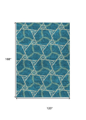 Homeroots 3' Geometric Washable Indoor Outdoor Area Rug - Stylish, Durable Design For Home & Patio Spaces Teal Blue Polyester 613529