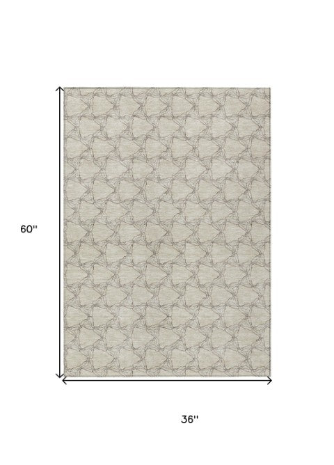 Homeroots 3' X 5' Geometric Washable Area Rug For Indoor & Outdoor Spaces - Durable & Stylish Design Beige Polyester 613536