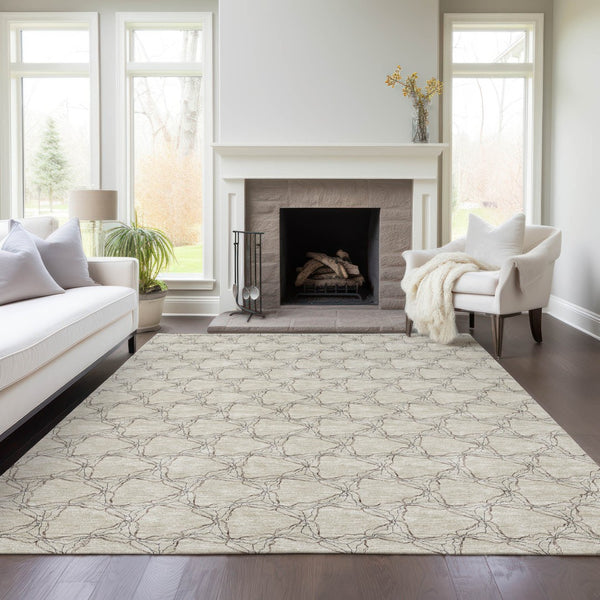 Homeroots 3' X 5' Geometric Washable Area Rug For Indoor & Outdoor Spaces - Durable & Stylish Design Beige Polyester 613539