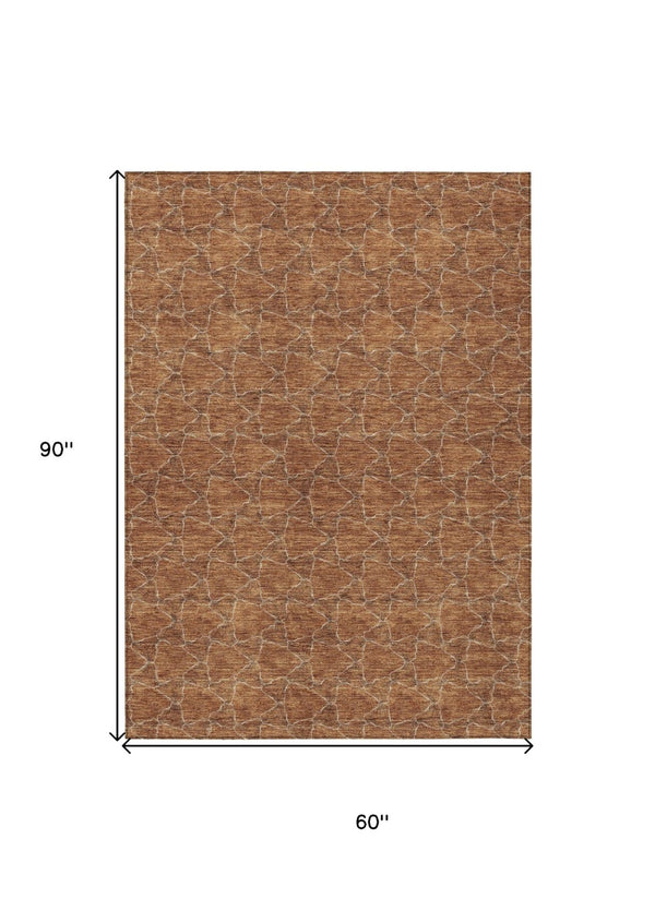 HomeRoots 5' Orange and Ivory Geometric Area Rug - Washable, Durable, Indoor-Outdoor Design for Any Space 5' X 8' 613573