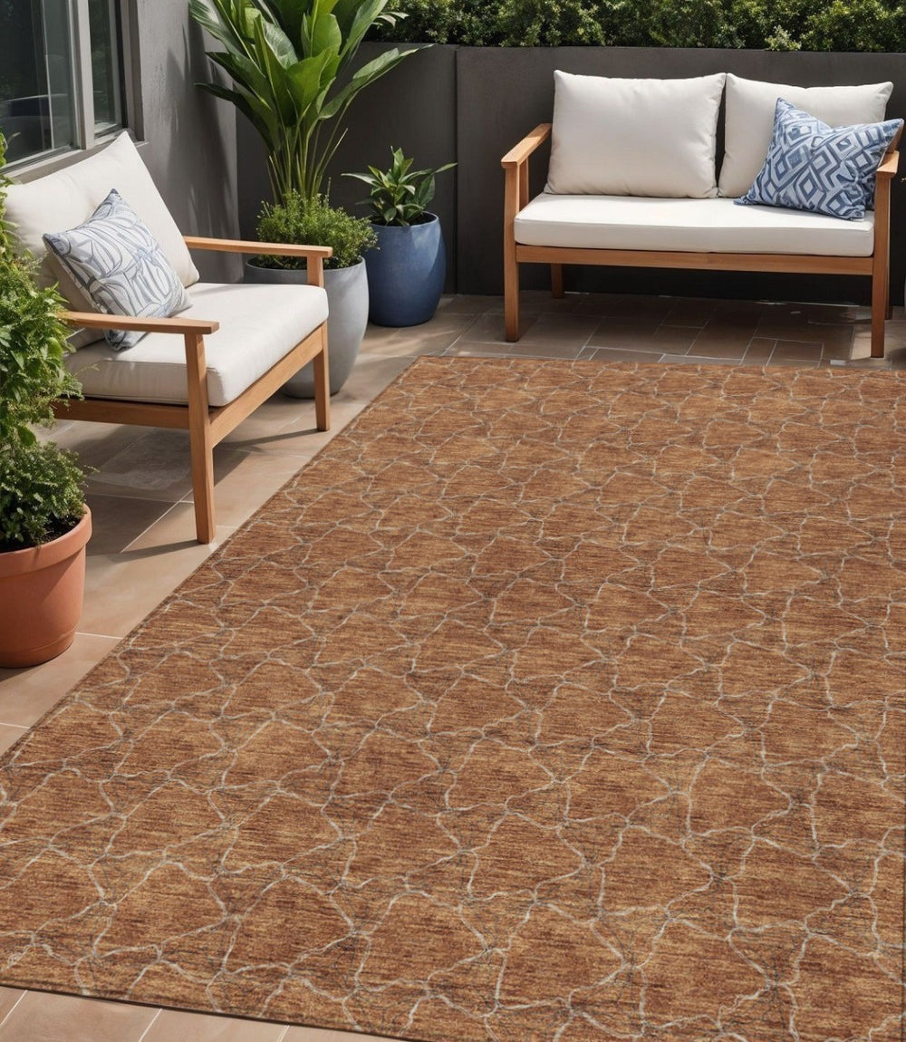 HomeRoots 5' Orange and Ivory Geometric Area Rug - Washable, Durable, Indoor-Outdoor Design for Any Space 5' X 8' 613573