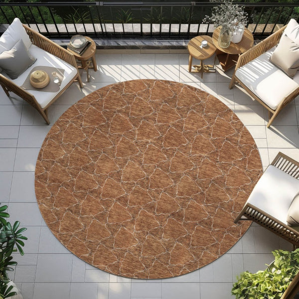 HomeRoots 5' Orange and Ivory Geometric Area Rug - Washable, Durable, Indoor-Outdoor Design for Any Space 8' Round 613574