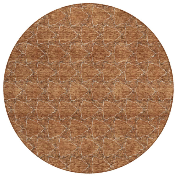 HomeRoots 5' Orange and Ivory Geometric Area Rug - Washable, Durable, Indoor-Outdoor Design for Any Space 8' Round 613574