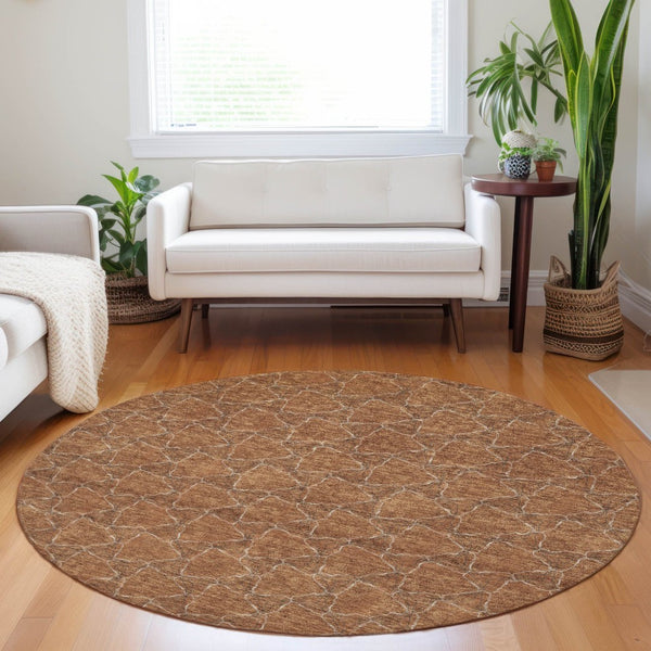 HomeRoots 5' Orange and Ivory Geometric Area Rug - Washable, Durable, Indoor-Outdoor Design for Any Space 8' Round 613574