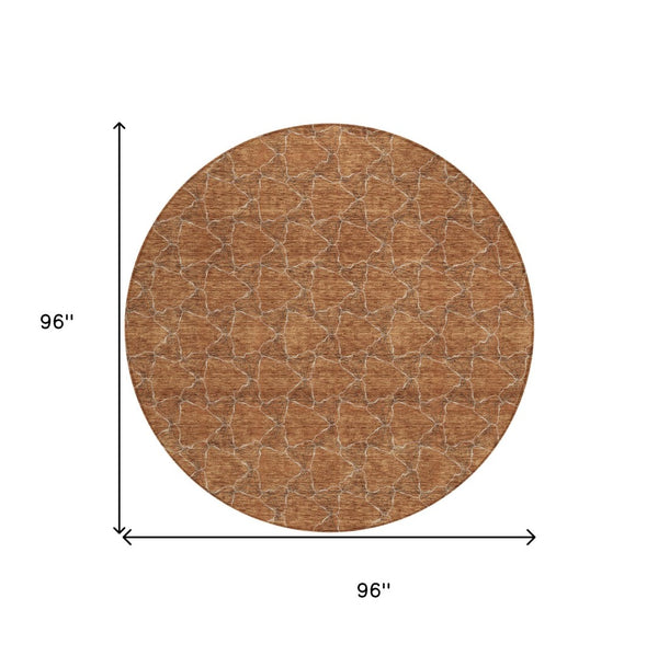HomeRoots 5' Orange and Ivory Geometric Area Rug - Washable, Durable, Indoor-Outdoor Design for Any Space 8' Round 613574