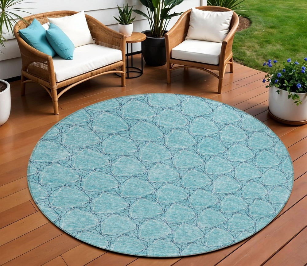 HomeRoots 5' Geometric Teal and Navy Blue Area Rug - Stylish, Washable, Durable for Indoor and Outdoor Use! 8' Round 613592