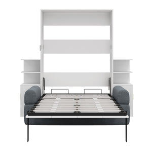 English Elm Full Size Murphy Bed System with Integrated Sofa and Storage Towers for Guest Rooms White+Gray LP000380AAE