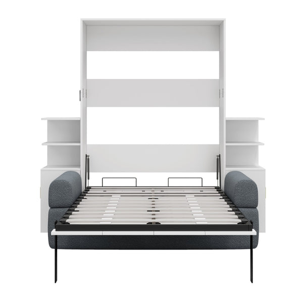 English Elm Full Size Murphy Bed System with Integrated Sofa and Storage Towers for Guest Rooms White+Gray LP000380AAE