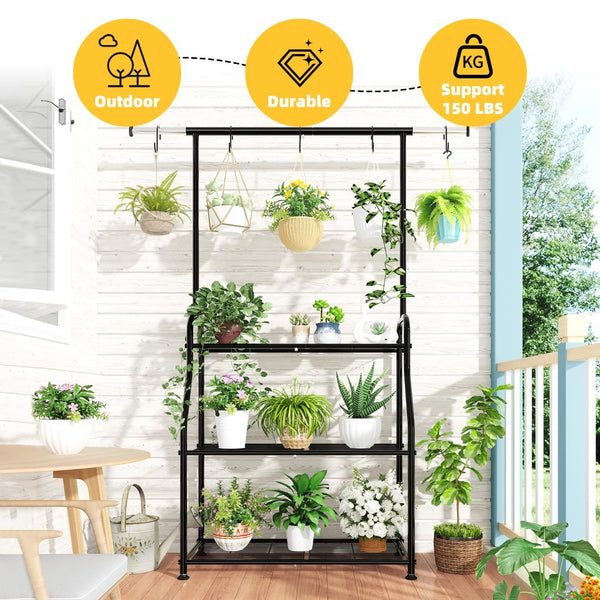 English Elm Metal Three Tier Vertical Plant Stand with Extendable Rod for Indoor Outdoor Display W2181P480533