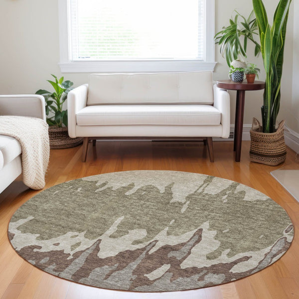 HomeRoots 5' Stylish Beige and Taupe Abstract Area Rug – Washable, Durable, Perfect for Indoor and Outdoor Use 8' Round 613610