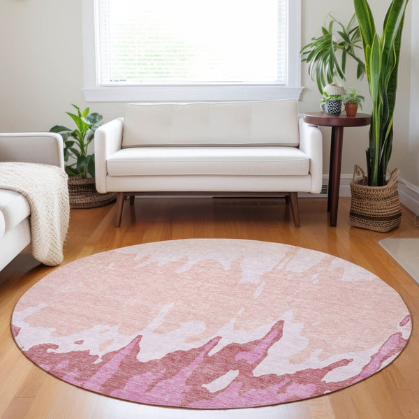 HomeRoots 5' Blush and Pink Abstract Washable Area Rug - Durable, Stylish, Indoor-Outdoor Elegance for Any Space 8' Round 613622