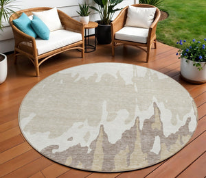 HomeRoots 5' Abstract Ivory and Beige Area Rug - Stylish, Washable, Stain-Resistant for Indoor and Outdoor Use 8' Round 613634