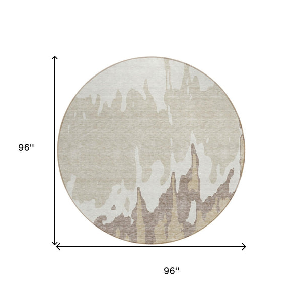 HomeRoots 5' Abstract Ivory and Beige Area Rug - Stylish, Washable, Stain-Resistant for Indoor and Outdoor Use 8' Round 613634