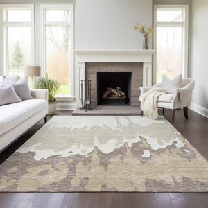 HomeRoots 5' Abstract Ivory and Beige Area Rug - Stylish, Washable, Stain-Resistant for Indoor and Outdoor Use 8' X 10' 613635
