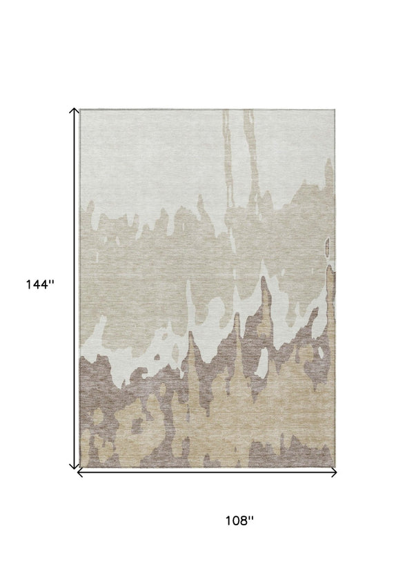 HomeRoots 5' Abstract Ivory and Beige Area Rug - Stylish, Washable, Stain-Resistant for Indoor and Outdoor Use 9' X 12' 613636