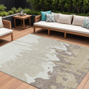 HomeRoots 5' Abstract Ivory and Beige Area Rug - Stylish, Washable, Stain-Resistant for Indoor and Outdoor Use 9' X 12' 613636