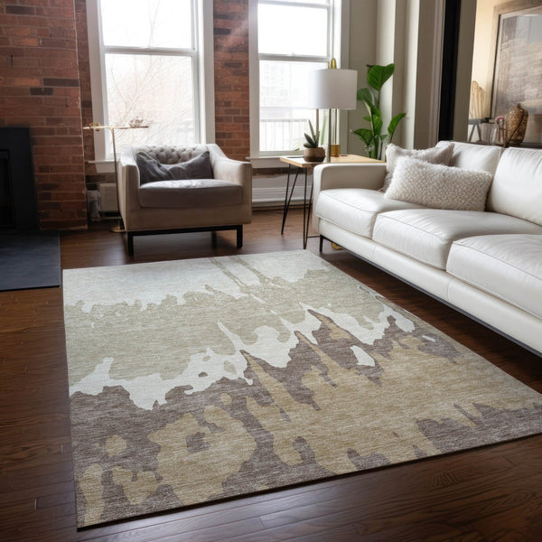 HomeRoots 5' Abstract Ivory and Beige Area Rug - Stylish, Washable, Stain-Resistant for Indoor and Outdoor Use 10' X 14' 613637