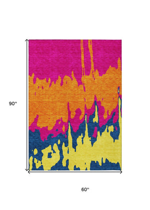 HomeRoots 5' Vibrant Pink, Orange, and Blue Abstract Washable Area Rug - Stylish Indoor/Outdoor Decor Solution 5' X 8' 613639