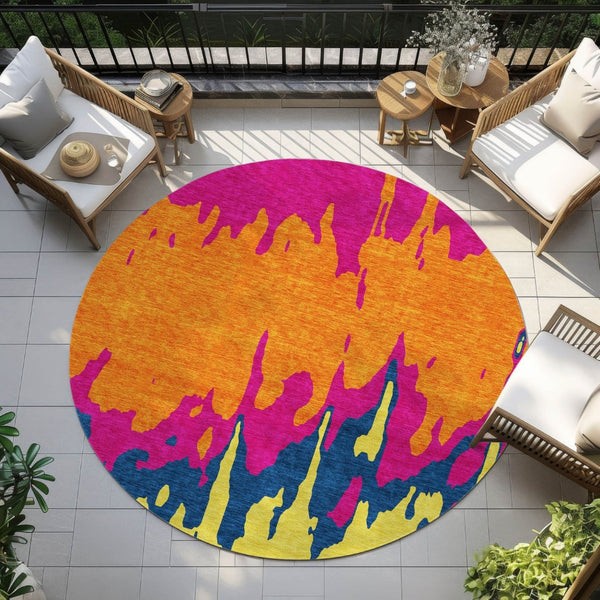 HomeRoots 5' Vibrant Pink, Orange, and Blue Abstract Washable Area Rug - Stylish Indoor/Outdoor Decor Solution 8' Round 613640