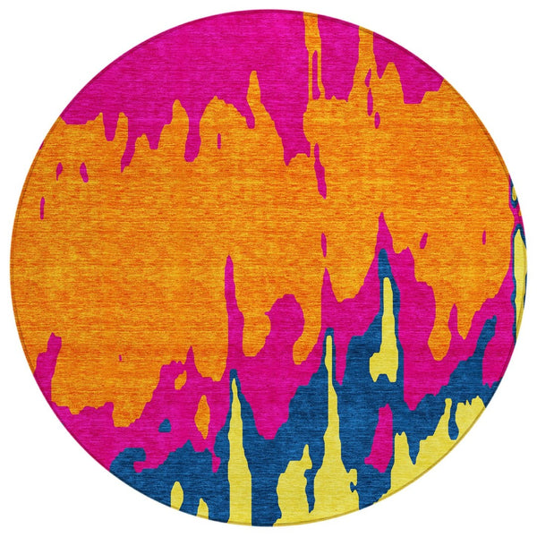 HomeRoots 5' Vibrant Pink, Orange, and Blue Abstract Washable Area Rug - Stylish Indoor/Outdoor Decor Solution 8' Round 613640