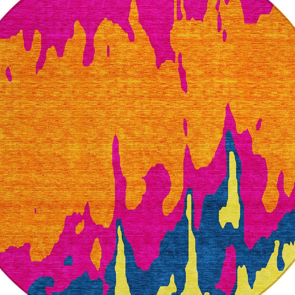 HomeRoots 5' Vibrant Pink, Orange, and Blue Abstract Washable Area Rug - Stylish Indoor/Outdoor Decor Solution 8' Round 613640