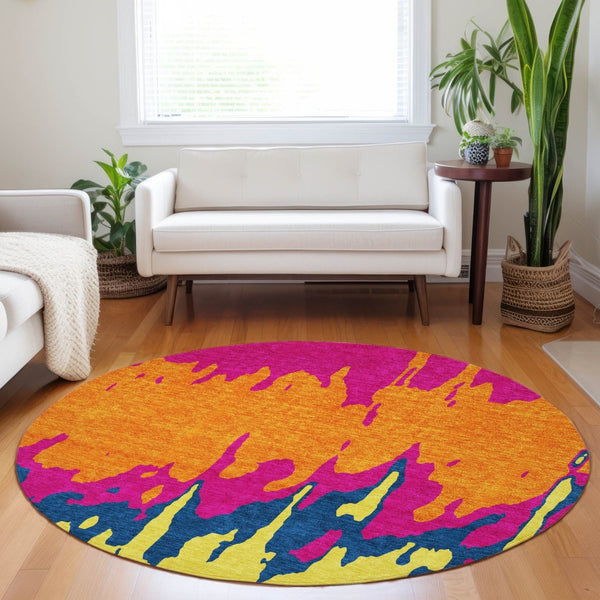 HomeRoots 5' Vibrant Pink, Orange, and Blue Abstract Washable Area Rug - Stylish Indoor/Outdoor Decor Solution 8' Round 613640