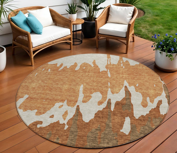 HomeRoots 5' Bold Orange and Brown Abstract Washable Area Rug - Durable Design for Indoor and Outdoor Use 8' Round 613646