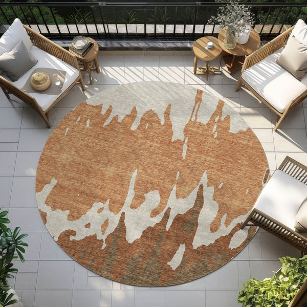HomeRoots 5' Bold Orange and Brown Abstract Washable Area Rug - Durable Design for Indoor and Outdoor Use 8' Round 613646